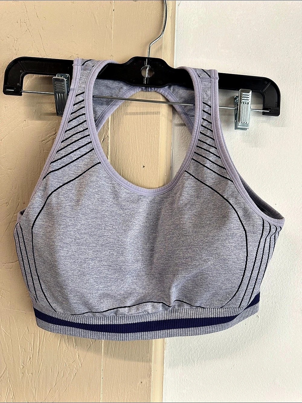 Fabletics Striped Sports Bra in Gray & Purple